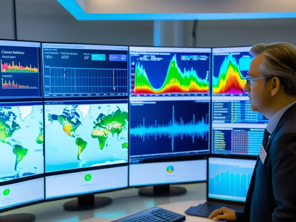 Un grupo de científicos en un laboratorio analiza una simulación detallada del cambio climático