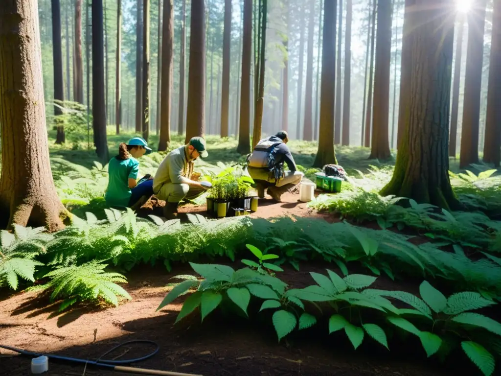 Un grupo de científicos realiza un monitoreo a largo plazo de ecosistemas en un exuberante bosque