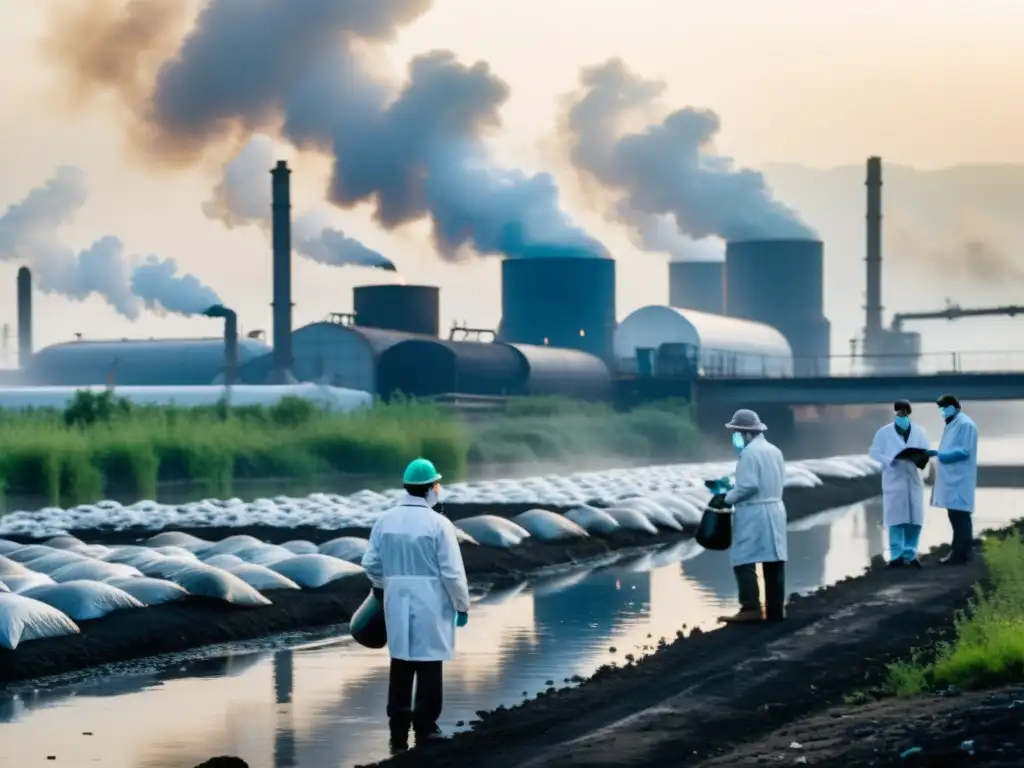 Grupo de científicos tomando muestras de agua en un río contaminado, mientras fábricas emiten humo