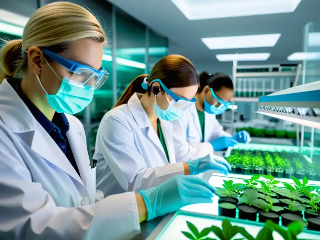 Grupo de científicos examinando muestras de plantas en un laboratorio moderno y bien iluminado