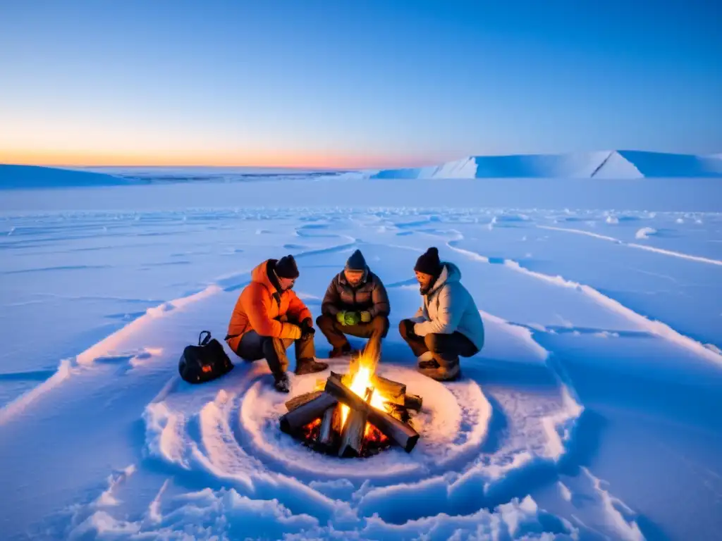 Grupo de científicos en expedición polar, reunidos alrededor de una fogata en la vasta tundra helada