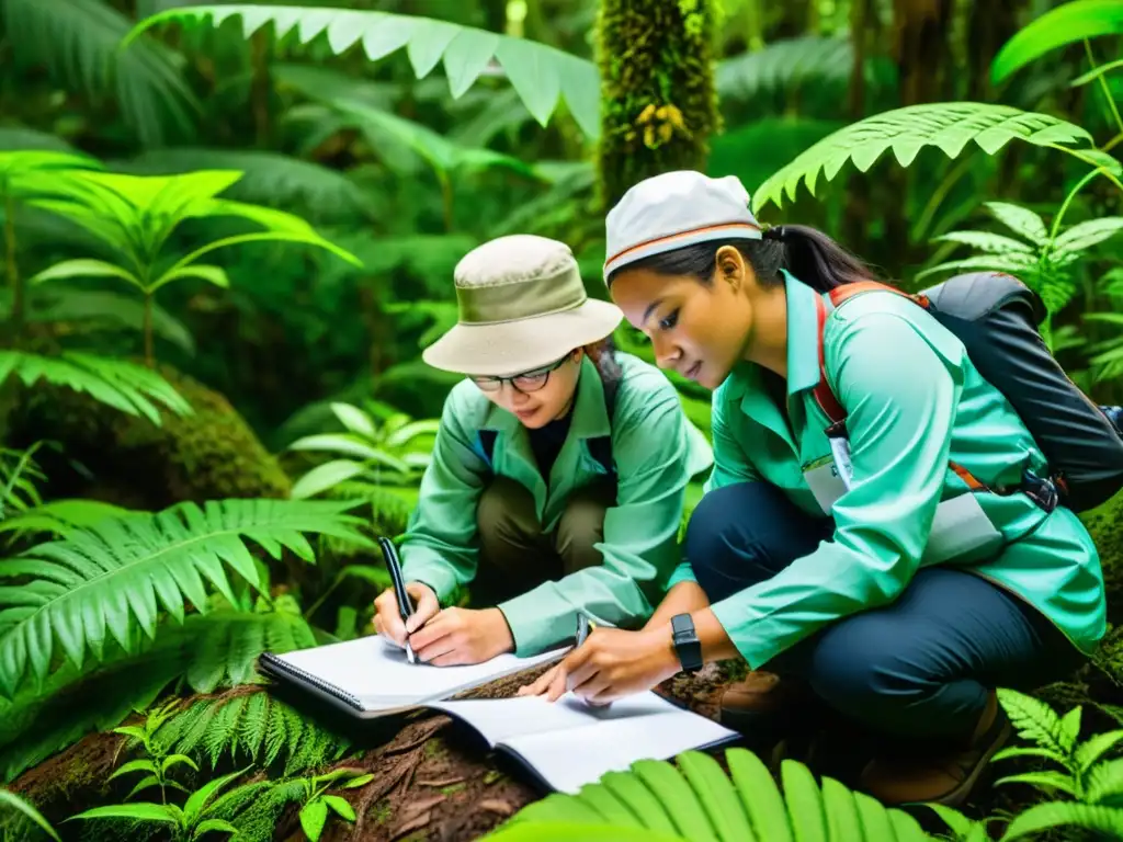 Un grupo de científicos examina minuciosamente la biodiversidad en la selva, tomando notas y fotografías de las especies vegetales