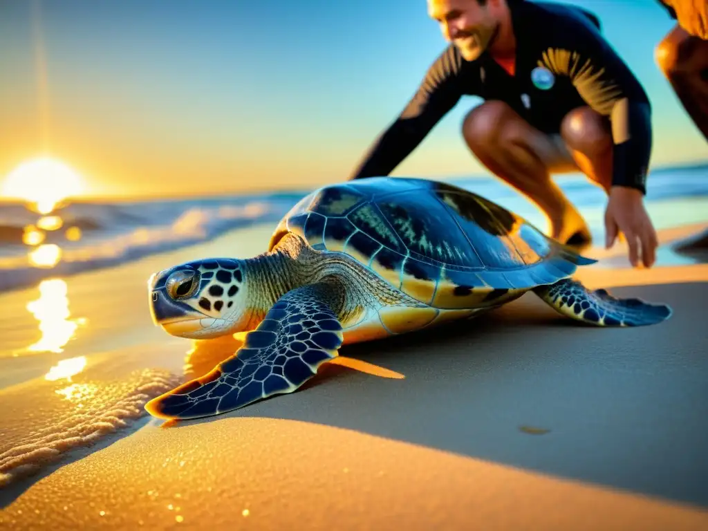 Grupo de científicos liberando tortugas marinas rehabilitadas al mar, reflejando éxito en Políticas de conservación especies en peligro