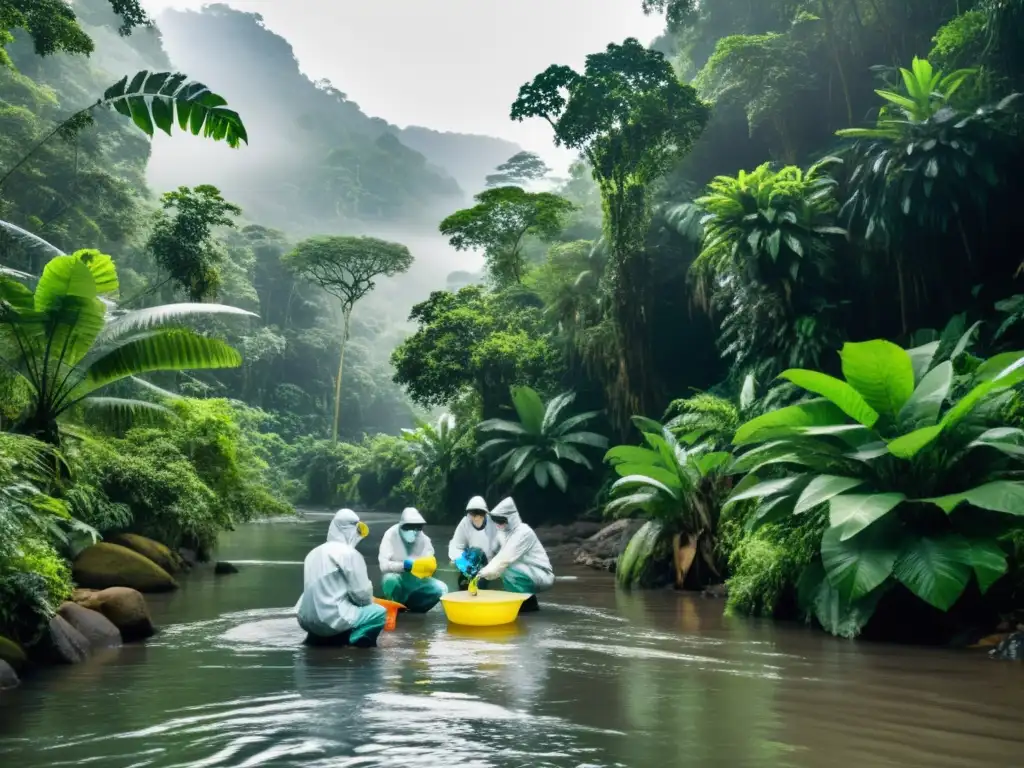 Un grupo de científicos en trajes protectores y mascarillas tomando muestras de agua en un río contaminado en un bosque tropical