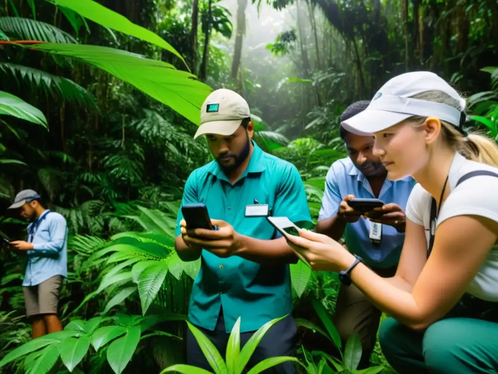 Un grupo de científicos y voluntarios utiliza apps especializadas para recopilar datos en una exuberante selva