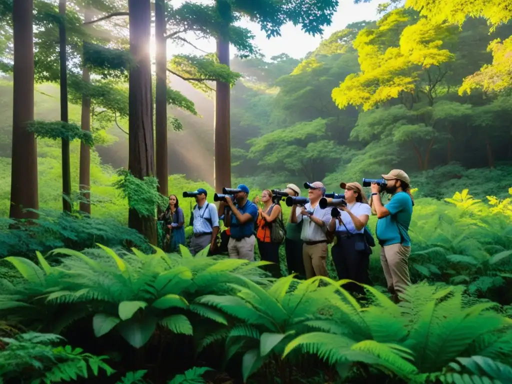 Observación de Aves en Bosque Vibrante Un grupo de científicos y voluntarios observa aves coloridas en un bosque exuberante