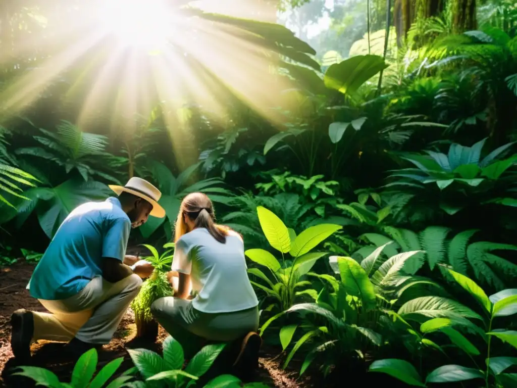 Grupo de científicos y voluntarios explorando la biodiversidad en la selva, en un ambiente de colaboración y ciencia participativa