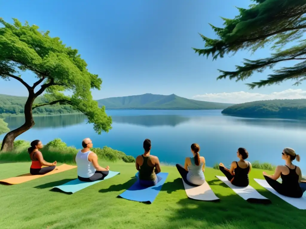 Grupo en clase de yoga eco amigable con vista al lago y árboles