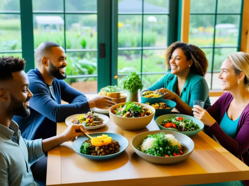 Un grupo disfruta de una comida vegana alrededor de una mesa, en un entorno cálido con luz natural