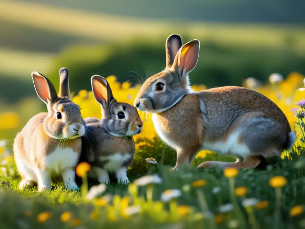 Grupo de conejos pacíficamente pastando en un prado soleado, rodeados de flores silvestres