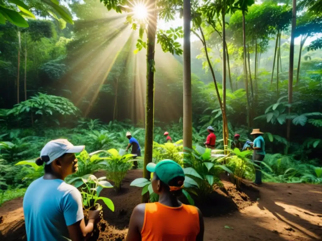 Grupo de conservacionistas y comunidad local plantando árboles en un bosque biodiverso