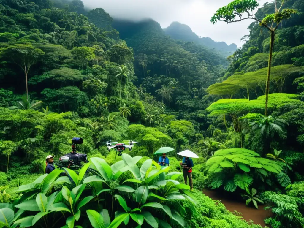 Un grupo de consultores ambientales realiza un detallado estudio ecológico en una exuberante y biodiversa selva lluviosa