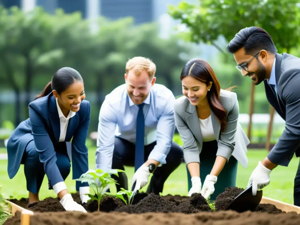 Grupo corporativo participando en taller ambiental, plantando árboles y cuidando jardín comunitario