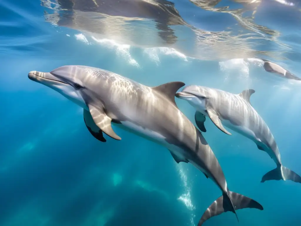 Un grupo de delfines nadando juntos en aguas cristalinas, comunicándose a través de lenguaje corporal y vocalizaciones