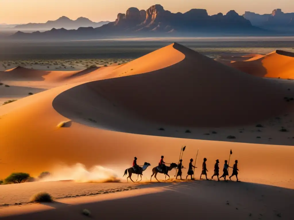 Grupo de San cazando en el desierto del Kalahari al atardecer, mostrando la convivencia vida silvestre desierto Kalahari