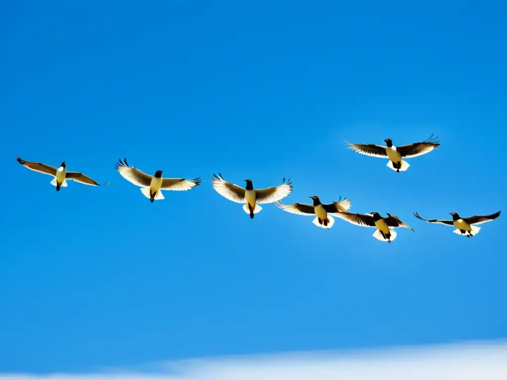 Un grupo detallado de aves migratorias en vuelo, mostrando patrones de migración de aves por cambio climático