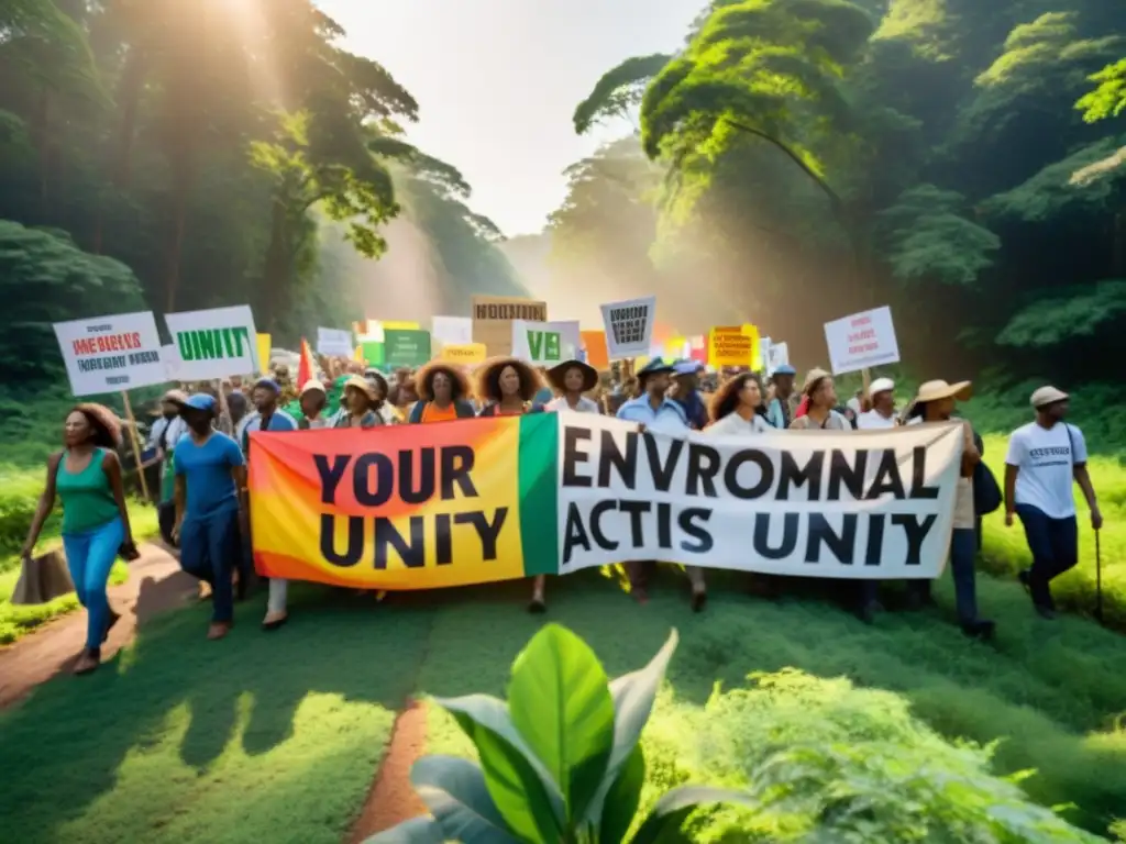 Un grupo diverso de activistas ambientales marcha en un bosque, portando pancartas con mensajes proambientales