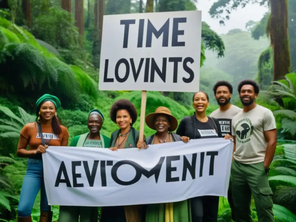 Grupo diverso de activistas ambientales de distintas épocas unidos en un bosque, representando la historia de movimientos activismo ambiental