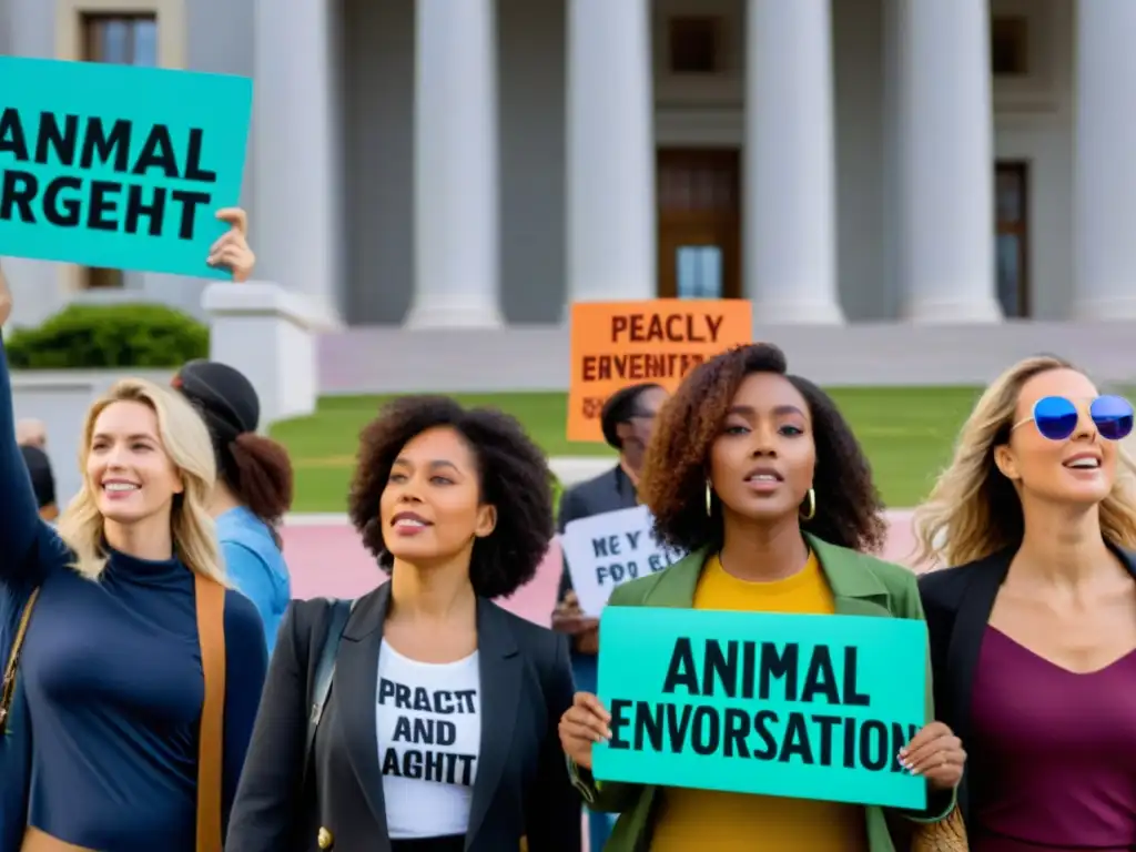 Un grupo diverso de activistas pacíficamente protestando con carteles coloridos, abogando por la legislación ambiental y derechos animales frente a un edificio gubernamental