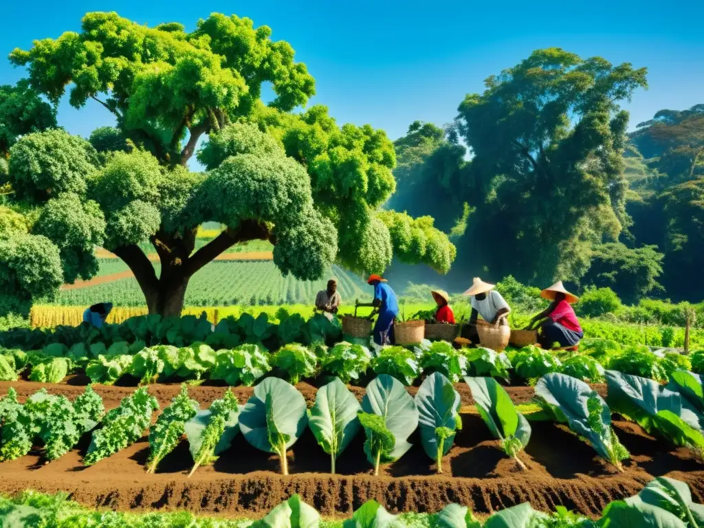 Un grupo diverso de agricultores trabaja en armonía con la naturaleza en una granja agroecológica biodiversa