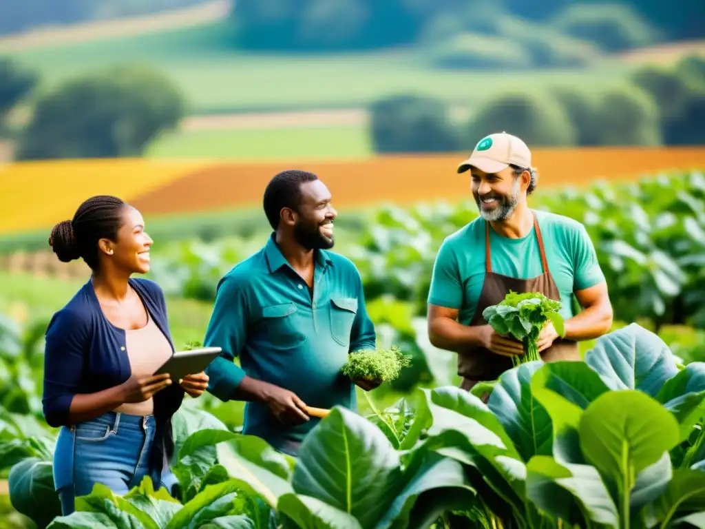 Grupo diverso de agricultores colaborando en un campo, practicando agricultura sostenible