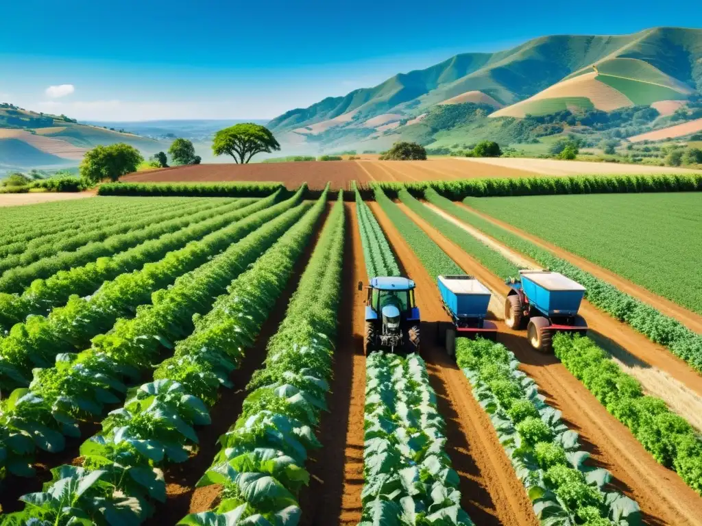 Grupo diverso de agricultores trabajando juntos en un campo exuberante y soleado, mostrando prácticas de agricultura sostenible