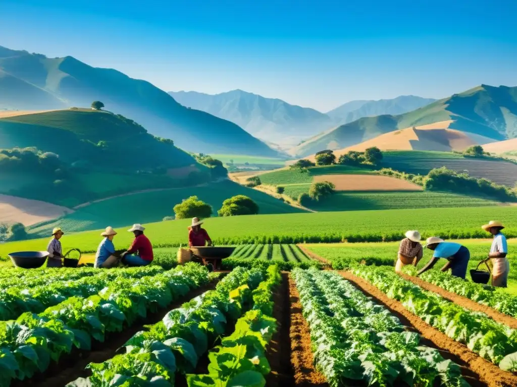 Un grupo diverso de agricultores trabaja juntos en un campo sostenible, con técnicas tradicionales y modernas