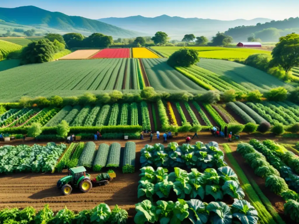 Un grupo diverso de agricultores y trabajadores cuidando una granja exuberante con prácticas orgánicas para reducir desperdicio alimentario