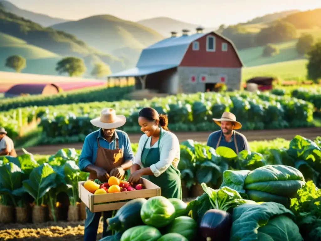 Grupo diverso de agricultores cosechando vegetales coloridos en una granja orgánica, reducir desperdicio alimentario prácticas orgánicas