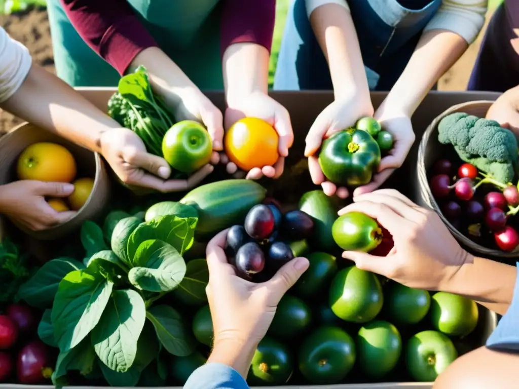 Un grupo diverso de agricultores y voluntarios cosecha frutas y verduras imperfectas pero perfectamente comestibles en una granja orgánica, reduciendo el desperdicio alimentario con prácticas sostenibles