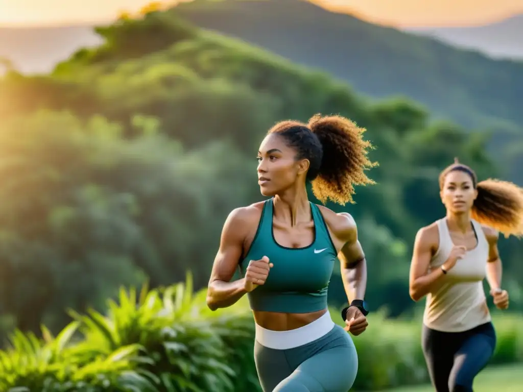 Un grupo diverso se ejercita al aire libre rodeado de exuberante vegetación al atardecer, vistiendo ropa deportiva ecofriendly