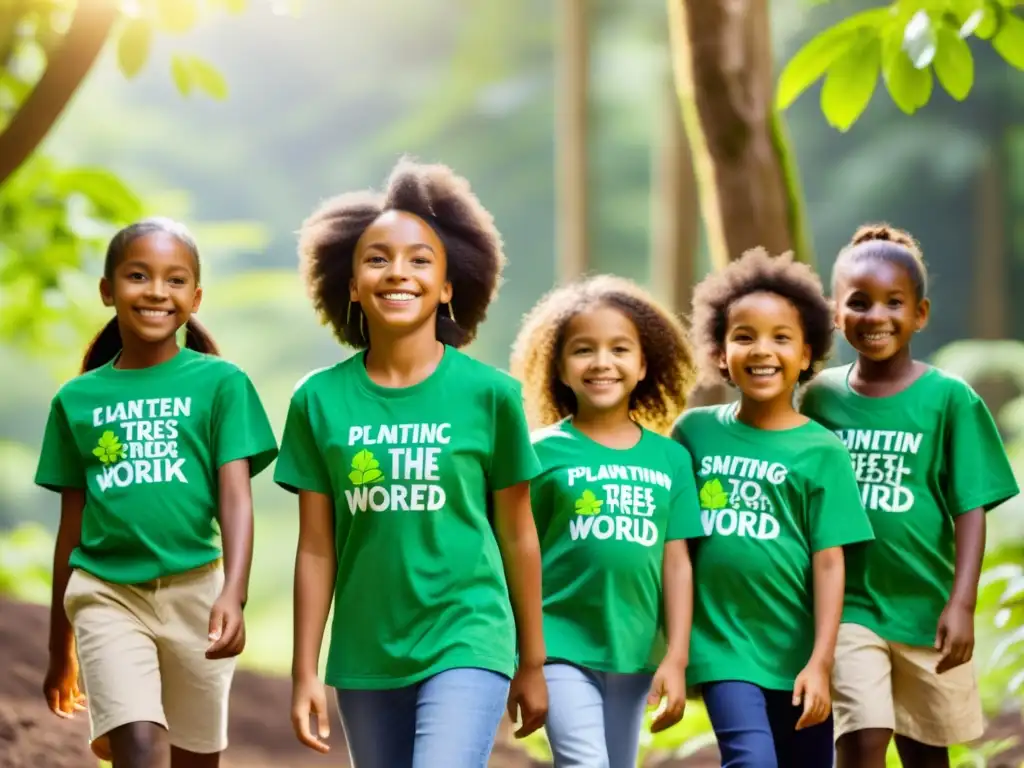 Un grupo diverso de niños planta árboles en un bosque exuberante, vistiendo camisetas coloridas con mensajes ambientales