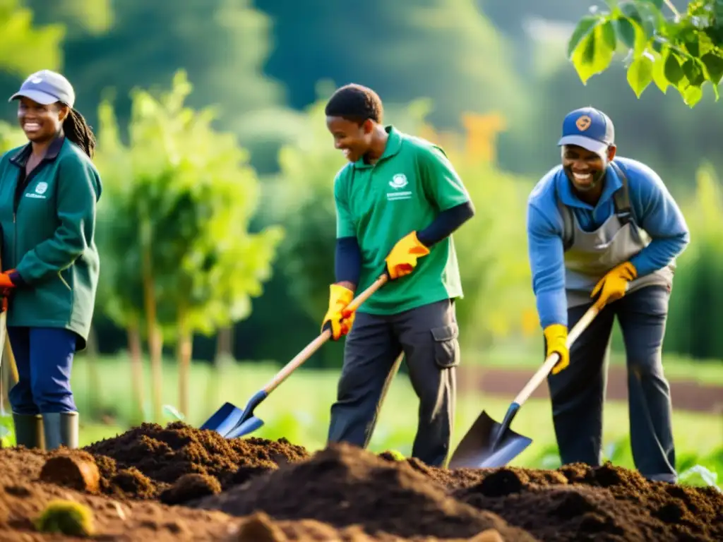 Grupo diverso planta árboles en ecosistema degradado, mostrando la recuperación de ecosistemas participativa