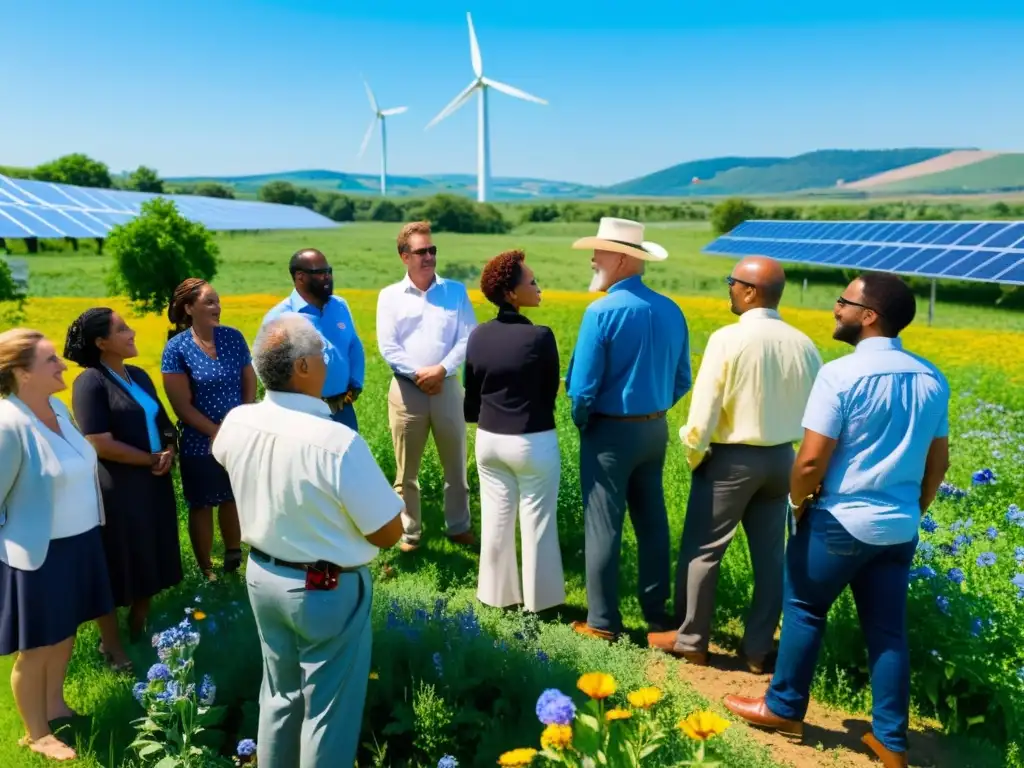 Un grupo diverso se reúne en un campo soleado para discutir prácticas sostenibles y conservación ambiental