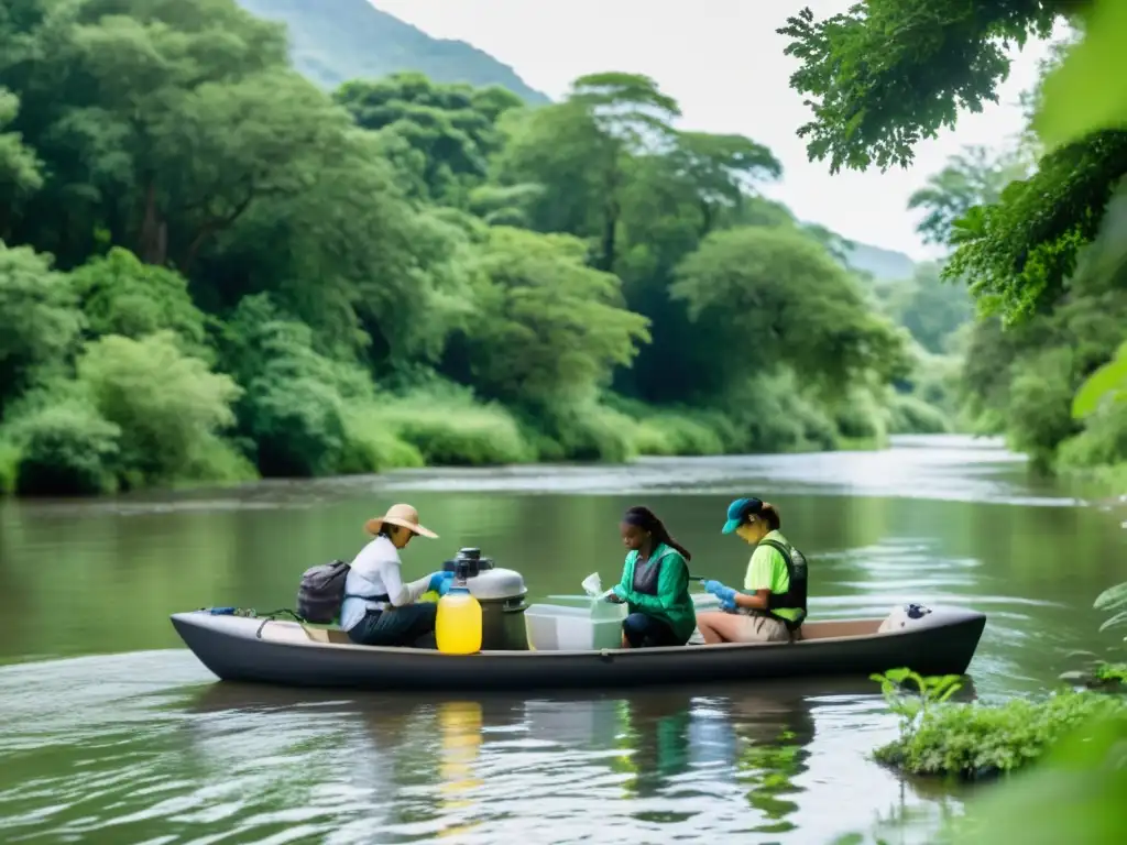 Grupo diverso de científicos ciudadanos analizando la calidad del agua en un río, destacando su impacto en políticas ambientales