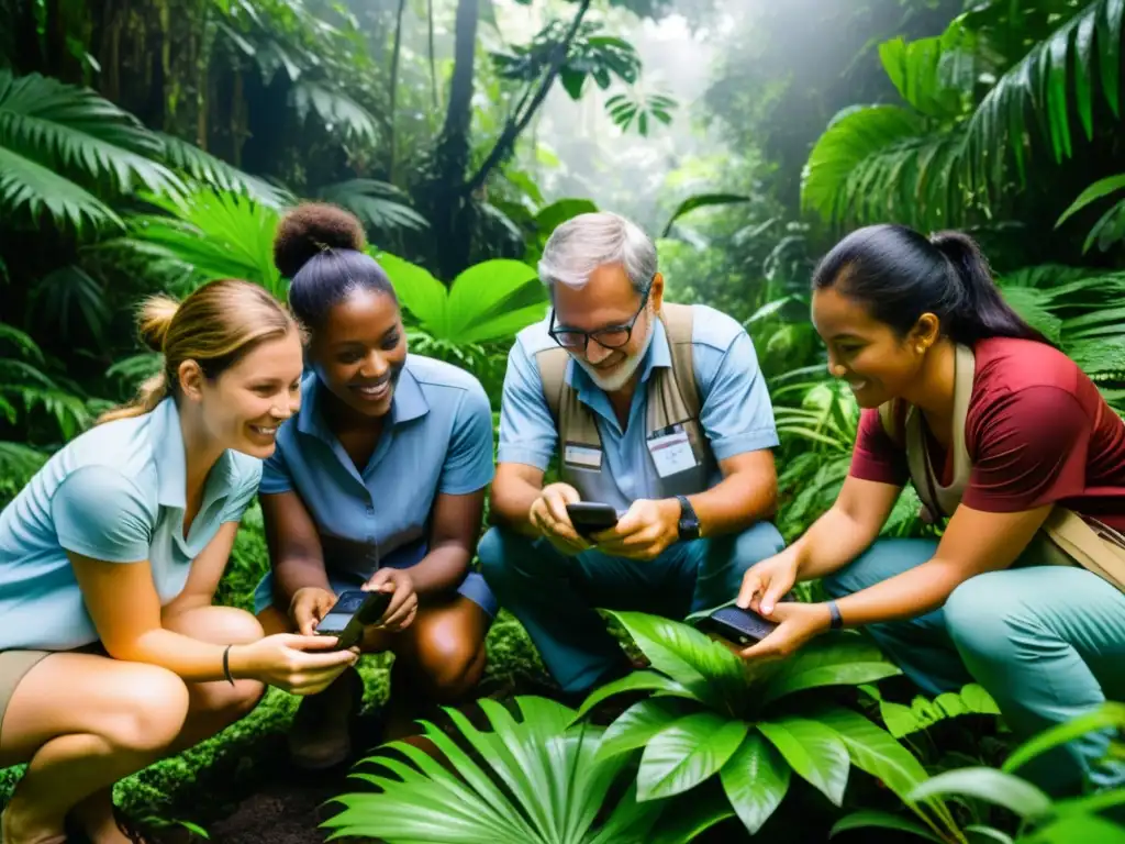 Un grupo diverso de científicos ciudadanos utilizando diversas herramientas científicas y aplicaciones móviles para explorar y documentar la biodiversidad en una exuberante selva tropical