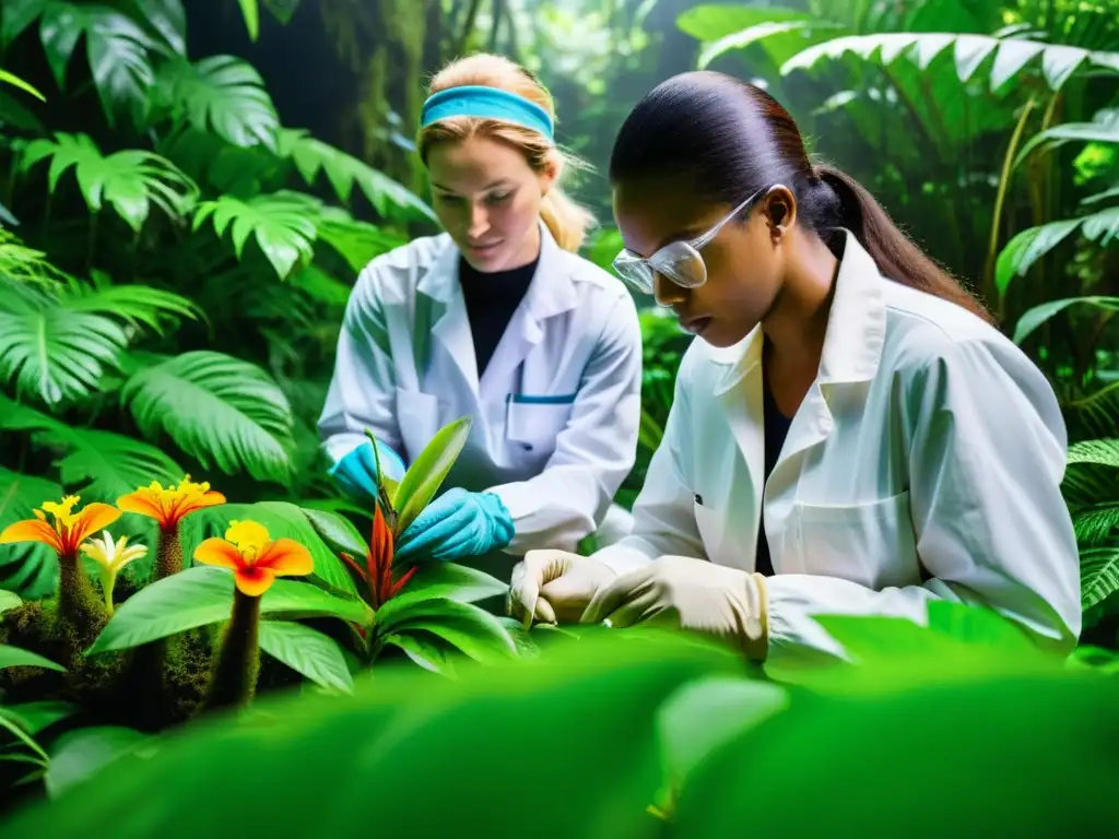 Grupo diverso de científicos conservacionistas en la selva, examinando plantas y animales