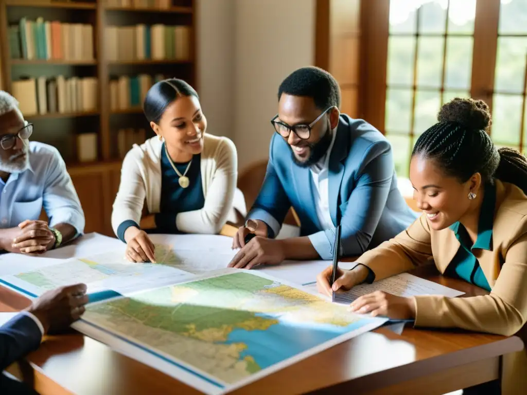 Un grupo diverso de científicos, conservacionistas y miembros de la comunidad se reúnen en torno a mapas y documentos, discutiendo estrategias de marketing verde y sostenibilidad para los ecosistemas