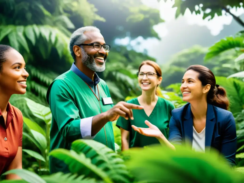 Grupo diverso de científicos comunicando apasionadamente sobre ecosistemas en un ambiente natural vibrante