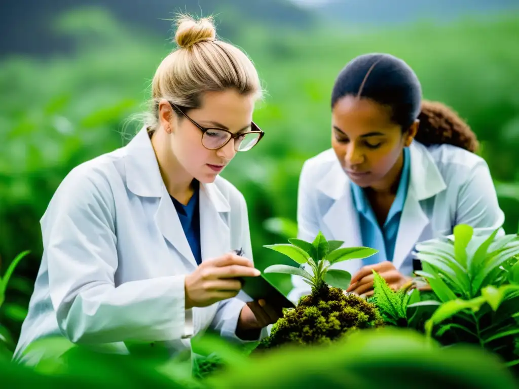 Un grupo diverso de científicos examina plantas y animales en un ecosistema exuberante, demostrando la colaboración y dedicación en la investigación