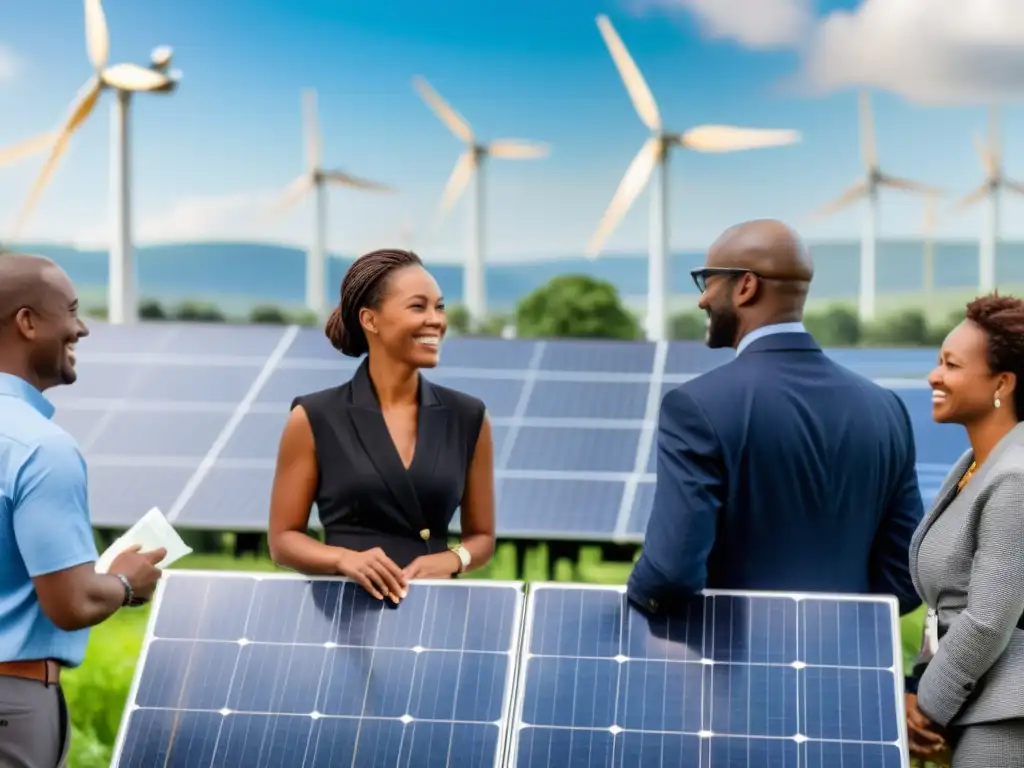 Un grupo diverso en una ciudad bulliciosa participa en un proyecto comunitario de sostenibilidad e inversión en energía renovable, discutiendo estrategias financieras y el impacto ambiental, con paneles solares y turbinas eólicas en el fondo