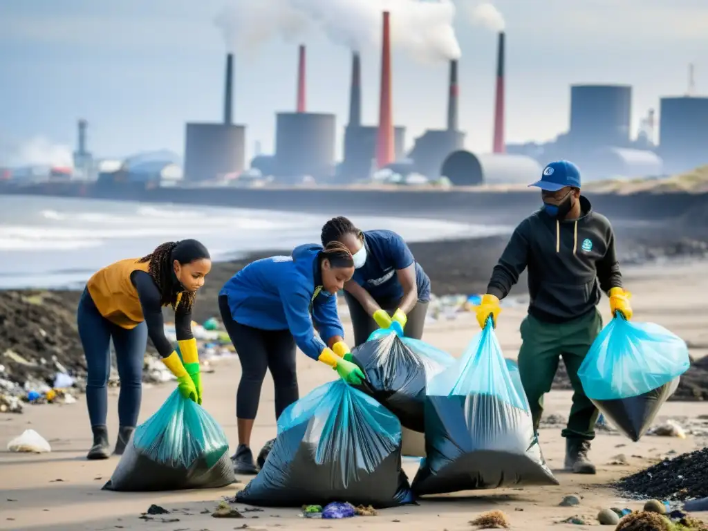 Un grupo diverso de ciudadanos limpia una playa contaminada, clasificando residuos con determinación