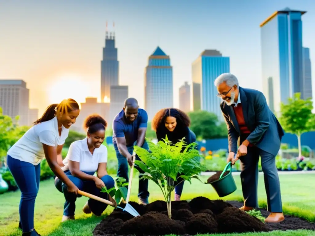 Grupo diverso cuida jardín comunitario en la ciudad, resaltando activismo ecológico