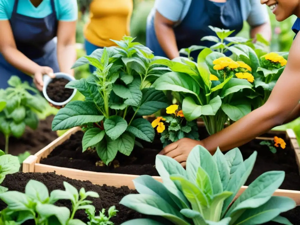 Un grupo diverso trabaja en un jardín comunitario, creando impacto social y bonos verdes con sus acciones colaborativas