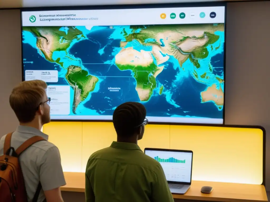 Grupo diverso intercambia datos ecológicos en plataforma online, creando atmósfera dinámica y colaborativa
