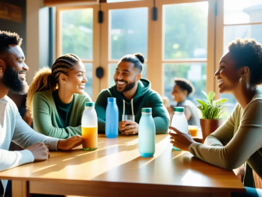 Grupo diverso en café ecofriendly, discuten estrategias de marketing ecológico sustentable productos servicios