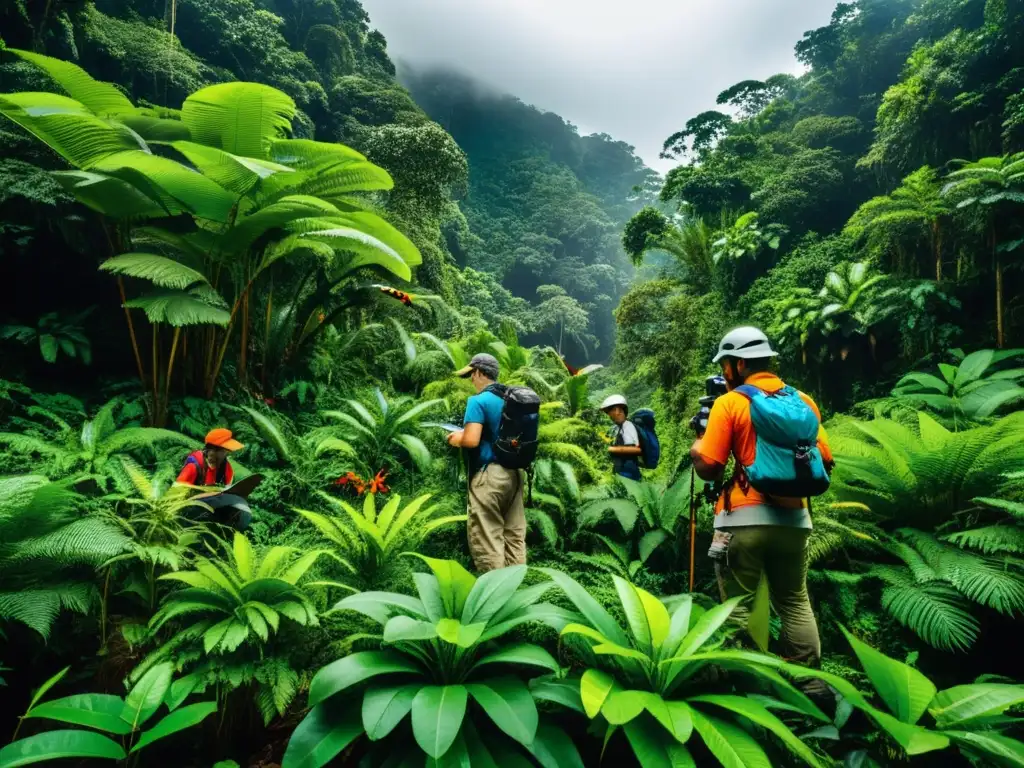 Un grupo diverso de ecologistas realiza investigación de campo en una exuberante selva tropical