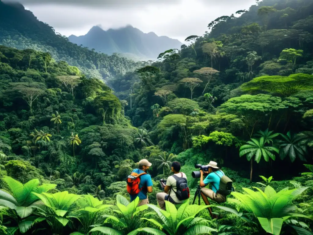 Un grupo diverso de ecologistas con equipo científico en la selva tropical