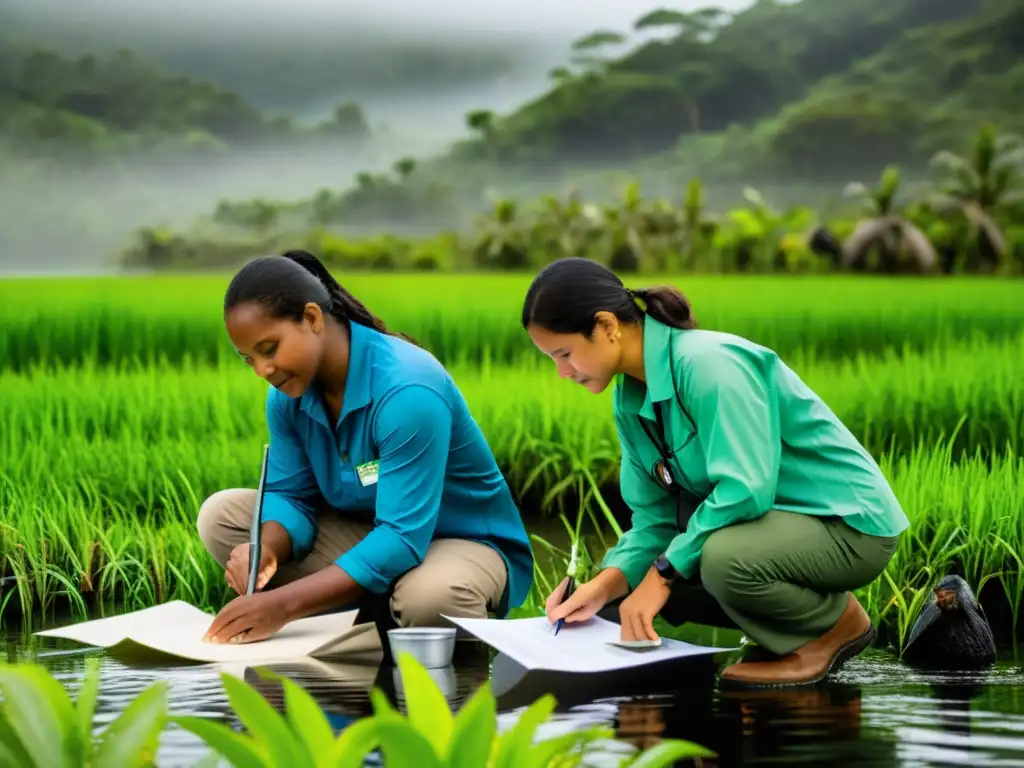 Grupo diverso de ecologistas y profesionales del medio ambiente trabajando en el campo, investigando y colaborando con comunidades locales