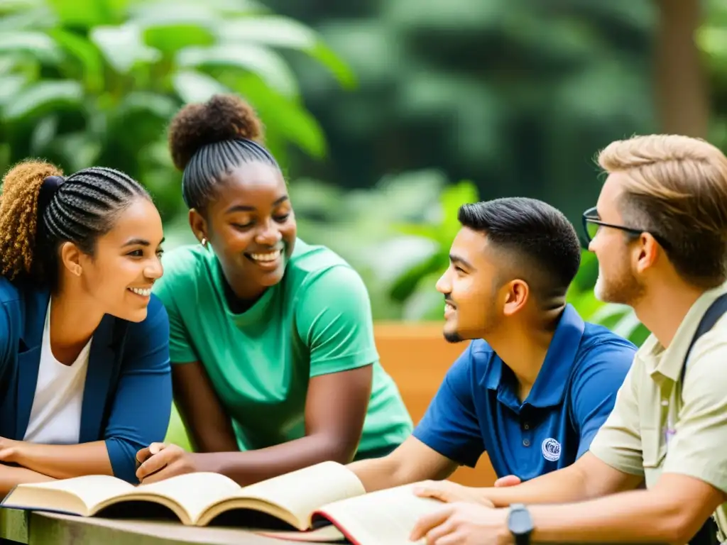 Un grupo diverso de educadores y estudiantes apasionados discuten entre la exuberante vegetación y arquitectura ecológica